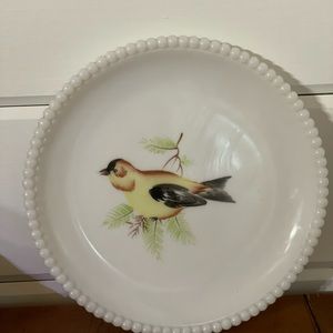 bead edge Westmoreland milk glass plate, hand-painted bird 7”